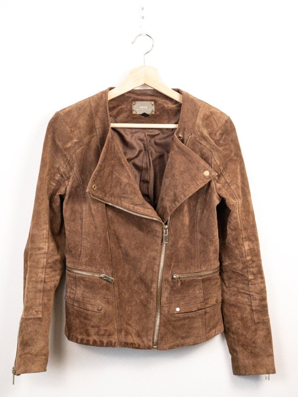 Mango MNG Women's Brown Genuine Suede Leather Moto Biker Jacket Sz S